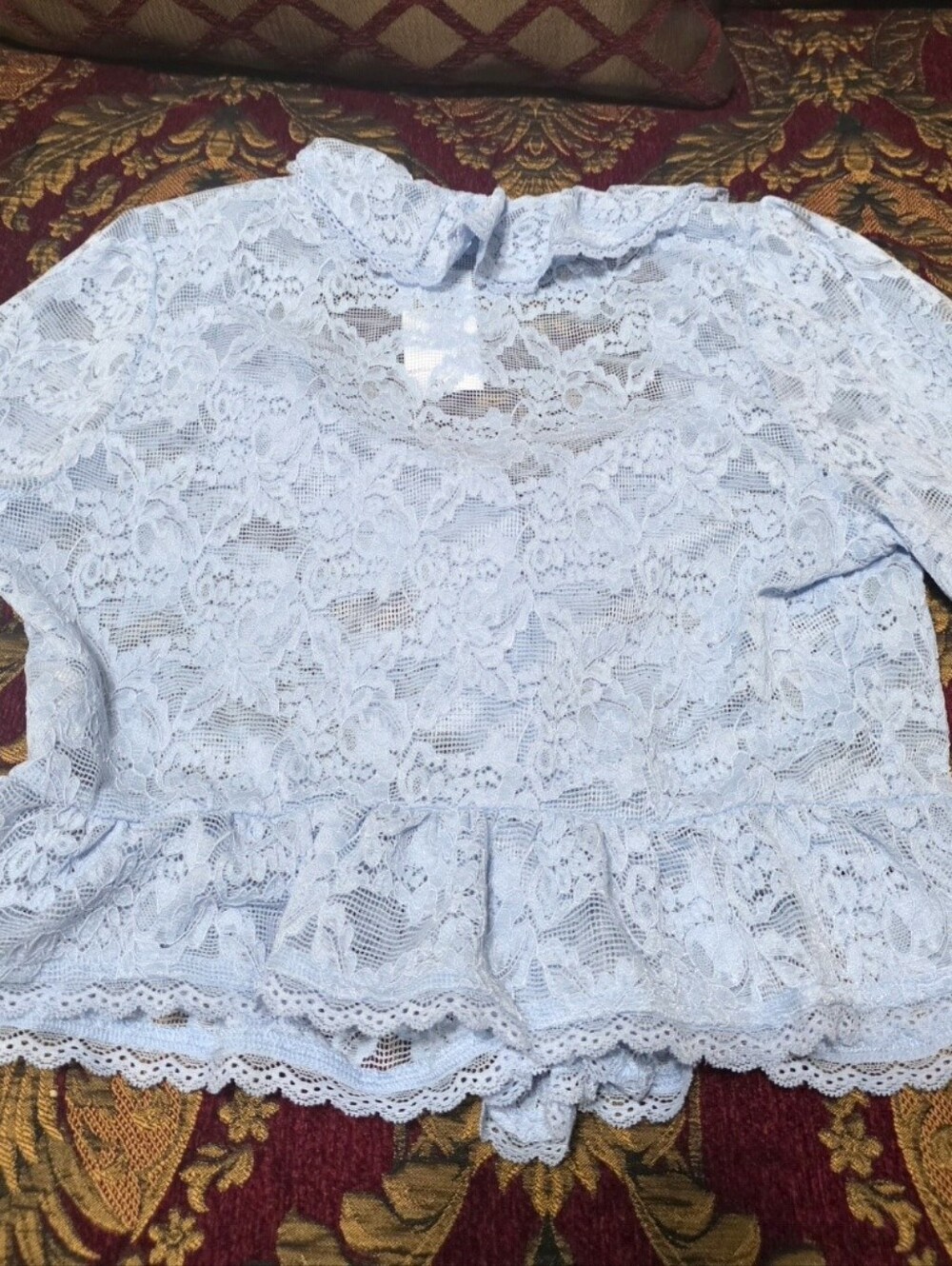 Sheer Lace Ruffle-Trim Blouse - Light Blue - Picture 8 of 11